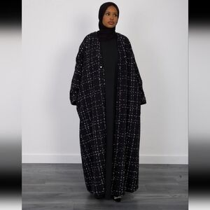 Black and White Tweed Long Abaya Coat